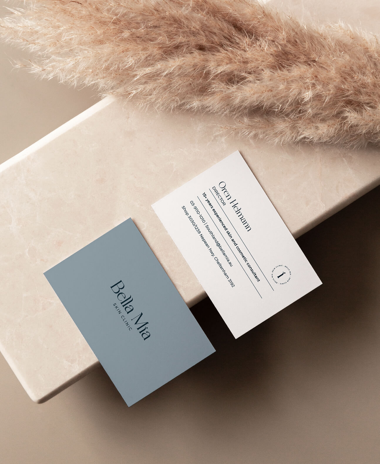 Bella Mia Business Card branding and marketing material for a skin clinic