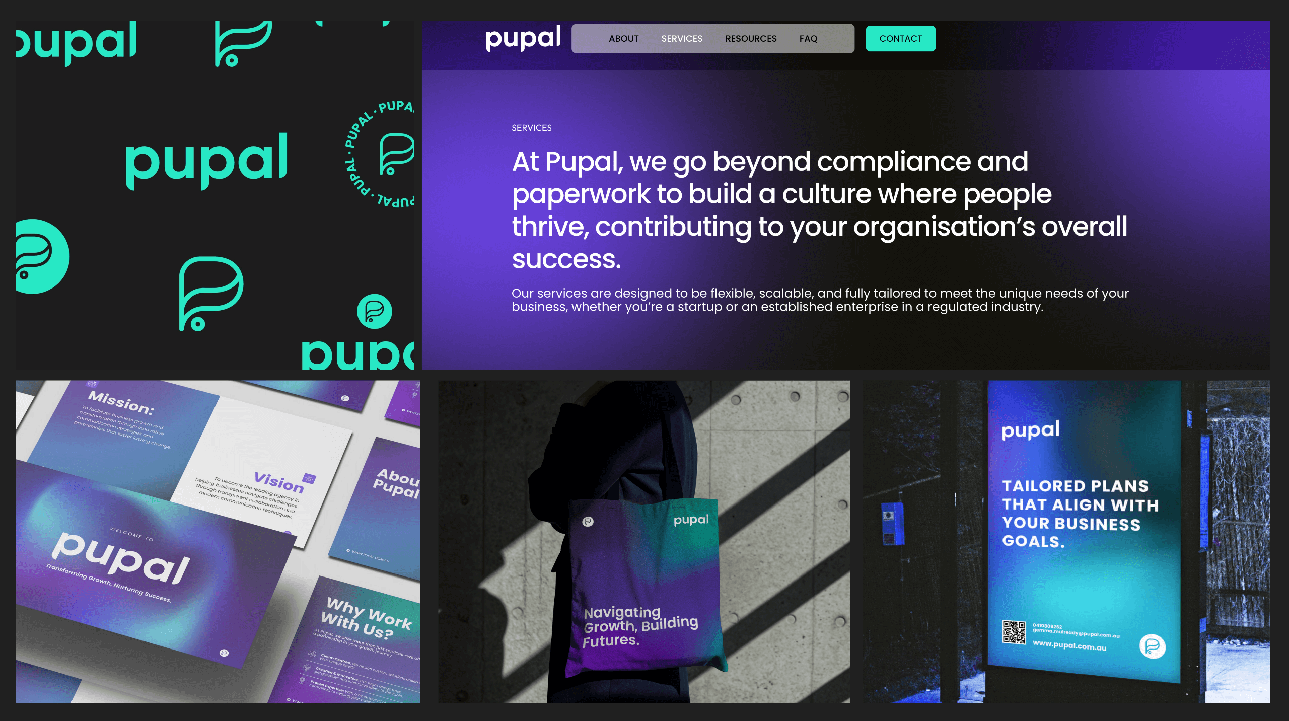 Pupal Branding by Fifth Studio Brand identity mockups for Pupal, featuring logo, website, marketing materials, and brand applications in a modern, tech-inspired style.