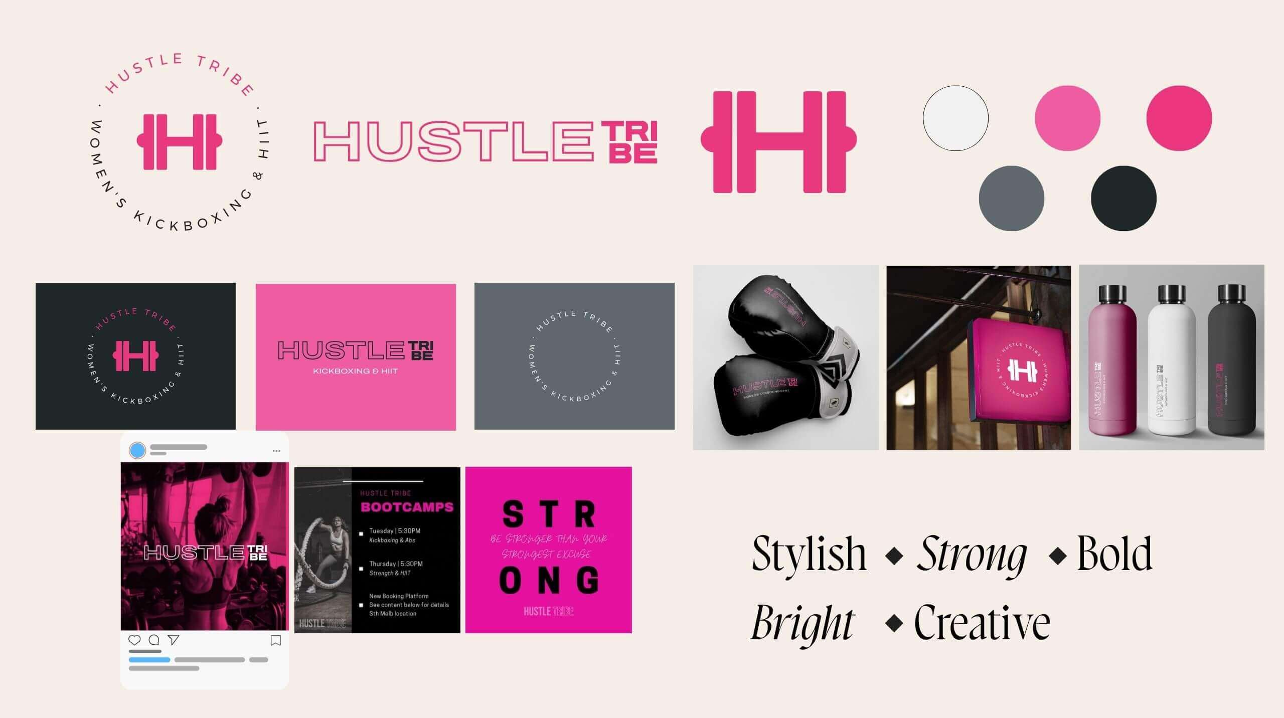 Visual showcase of Hustle Tribe’s logo, colour palette, brand identity elements, and marketing collateral designed by Fifth Studio.