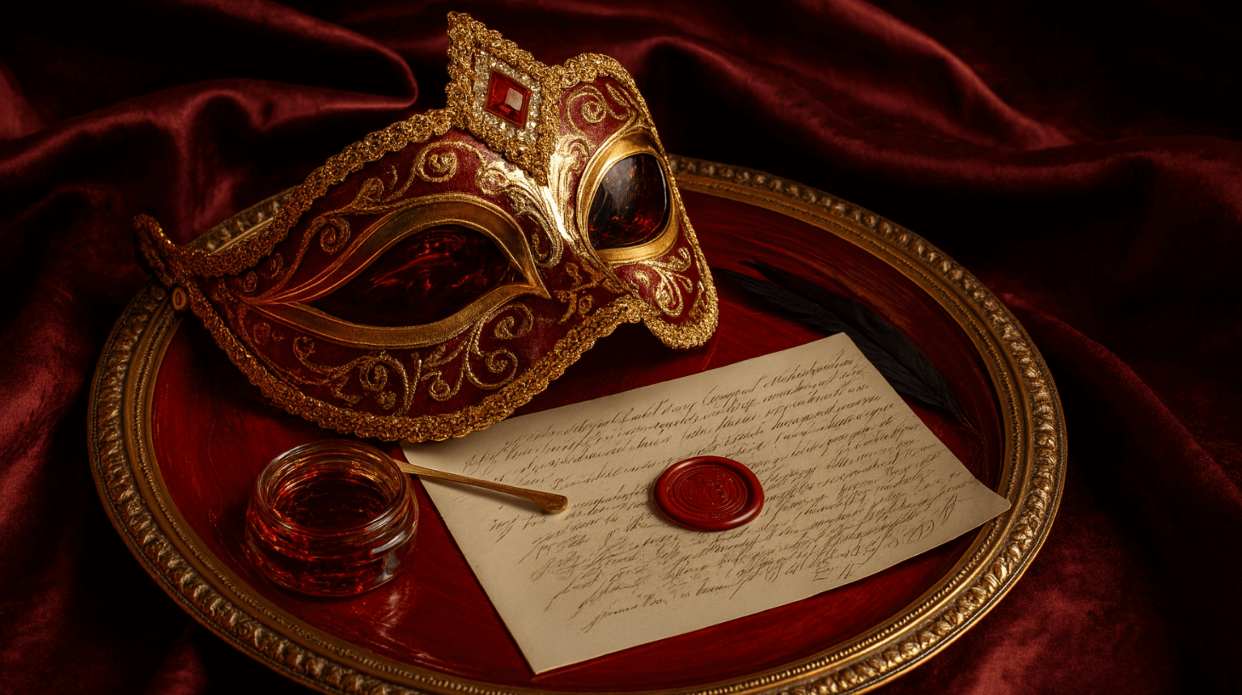 Ornate red and gold Venetian mask with a handwritten letter and red wax seal on a decorative tray over red velvet fabric.