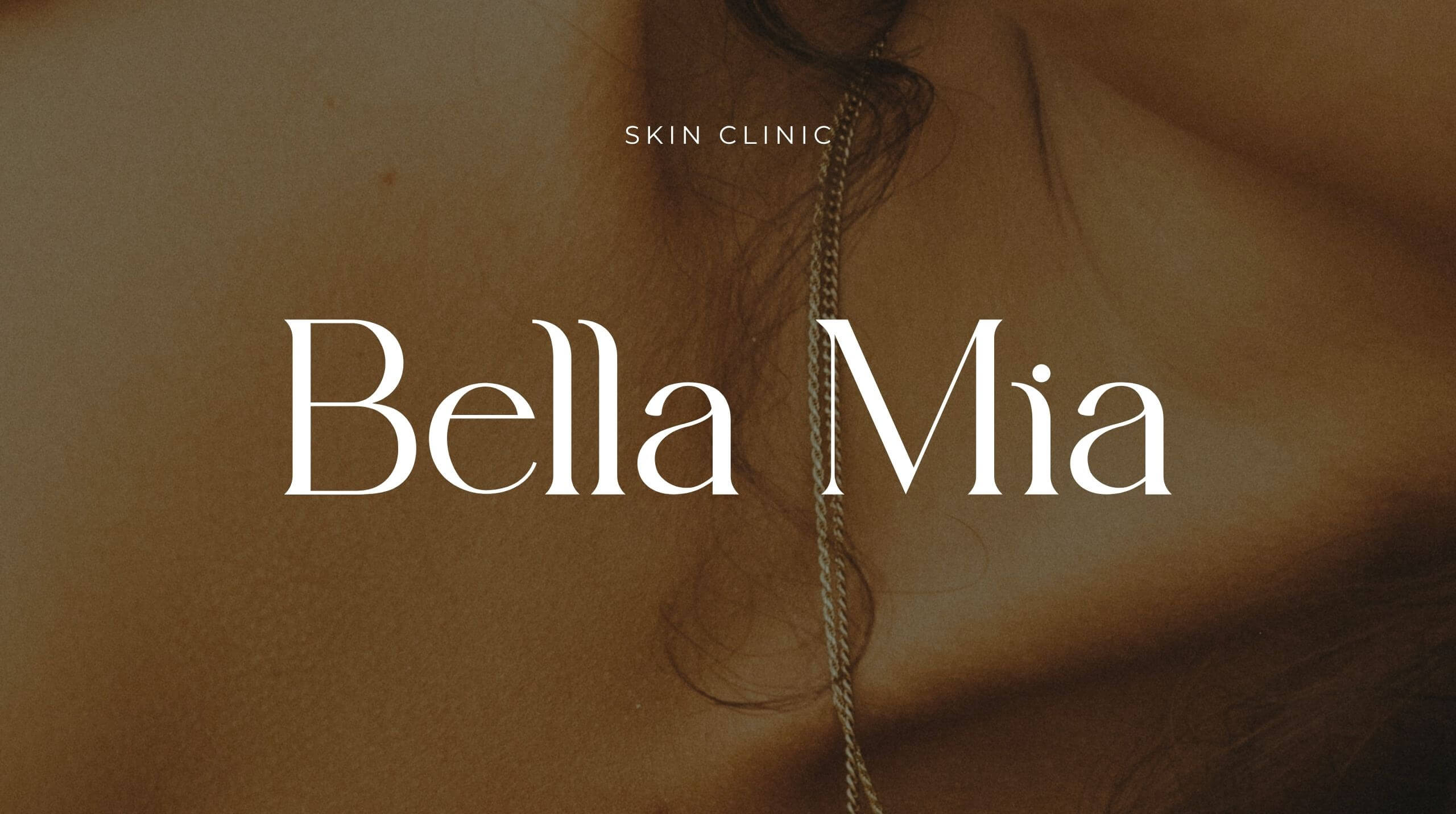 Bella Mia Skin Clinic logo in white serif typography on a muted blue background.