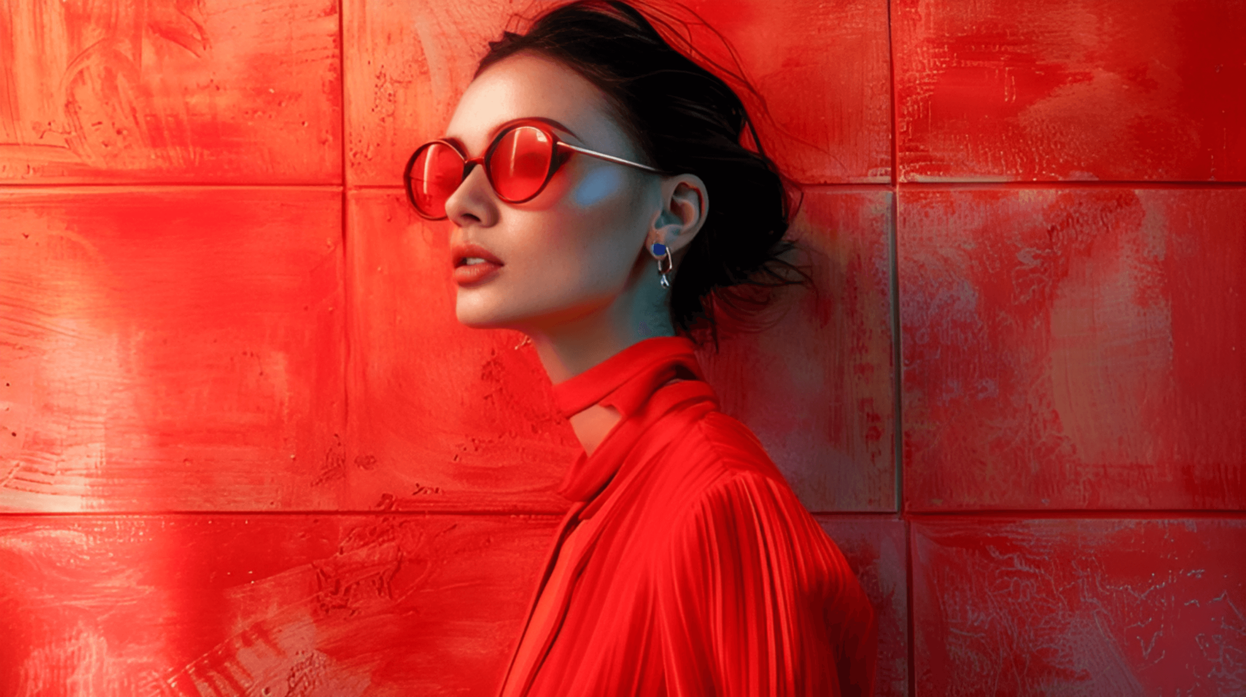 Stylish woman in red sunglasses and a pleated red outfit posing against a textured red wall.