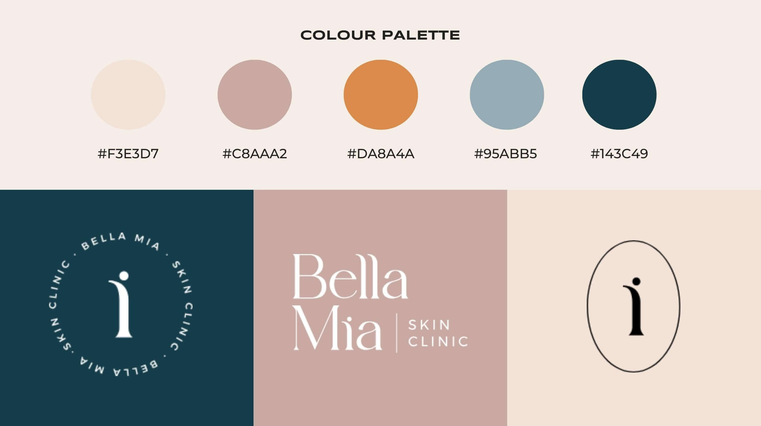 Bella Mia Skin Clinic brand identity design featuring colour palette, logo variations, and typography.