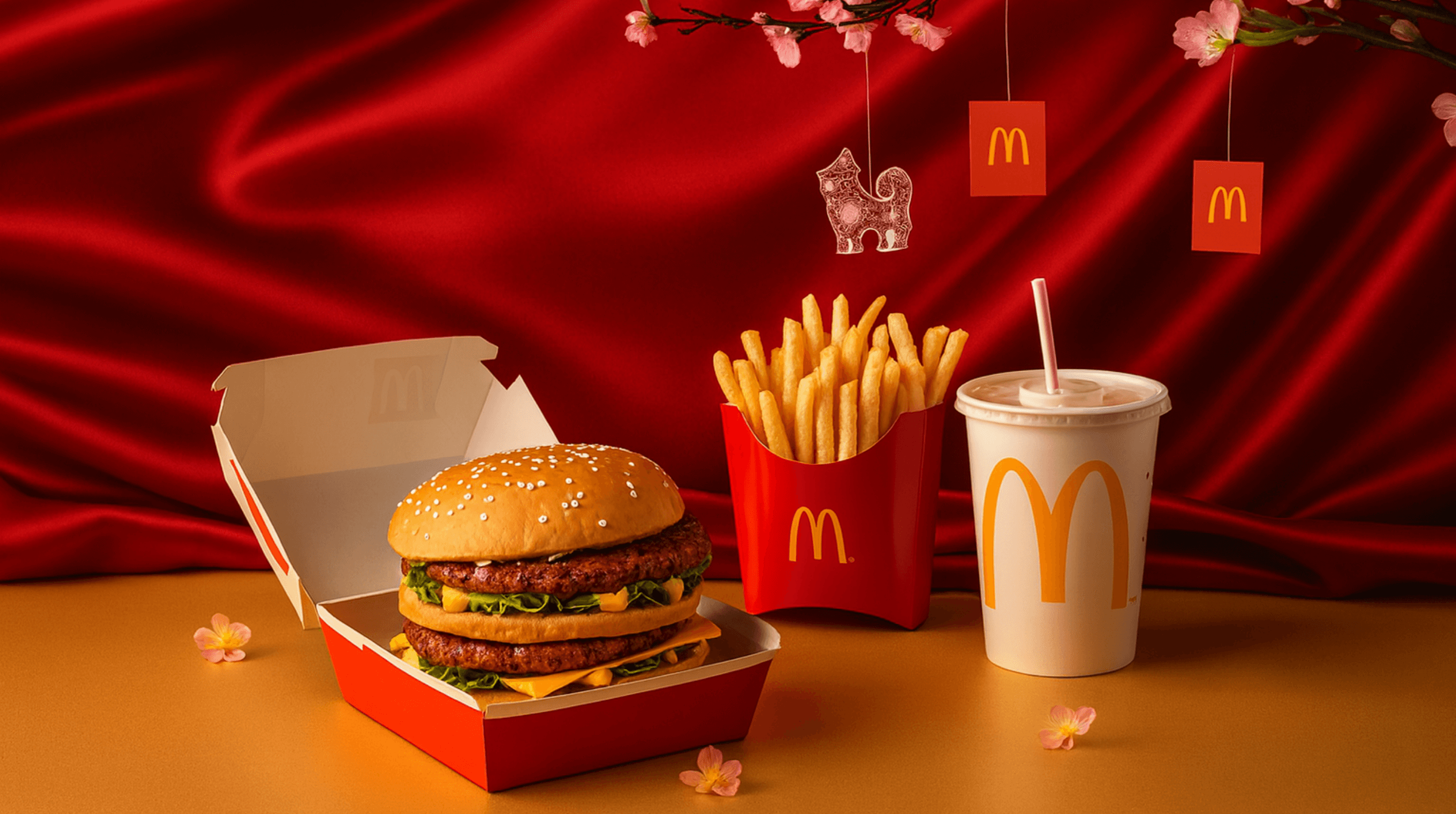 McDonald’s burger, fries, and drink arranged on a gold surface with red satin backdrop and cherry blossom decorations.