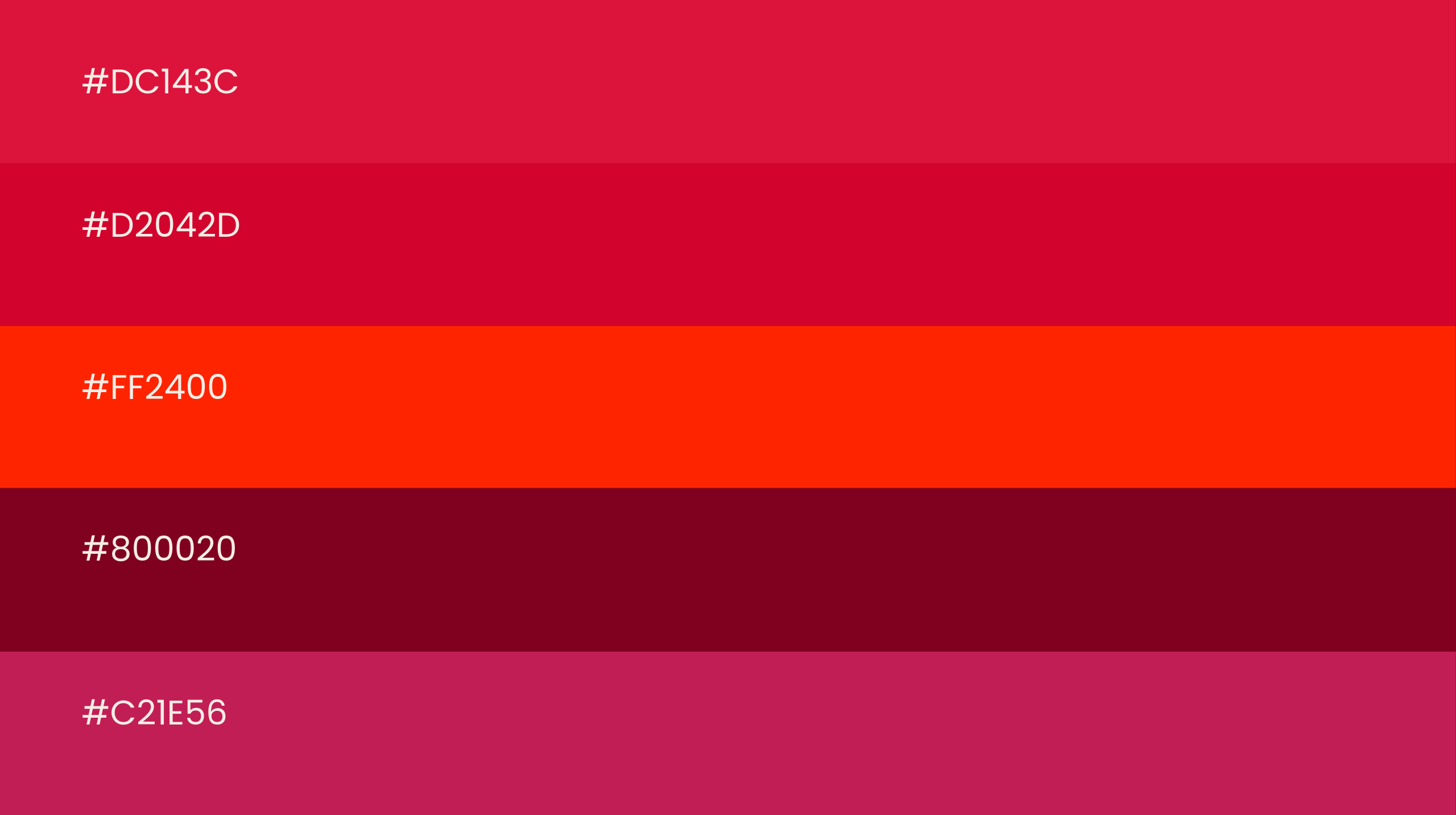 Five horizontal swatches of red shades with hex codes: #DC143C, #D2042D, #FF2400, #800020, and #C21E56.
