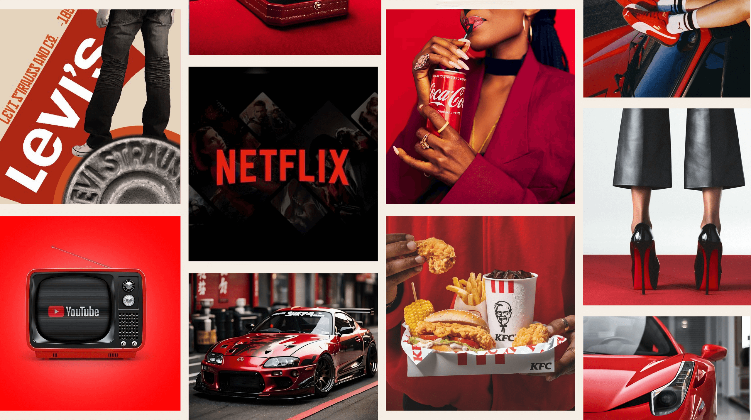 Collage of iconic brands and products featuring the colour red, including Levi’s, Netflix, Coca-Cola, Puma, Louboutin, YouTube, KFC, and red sports cars.