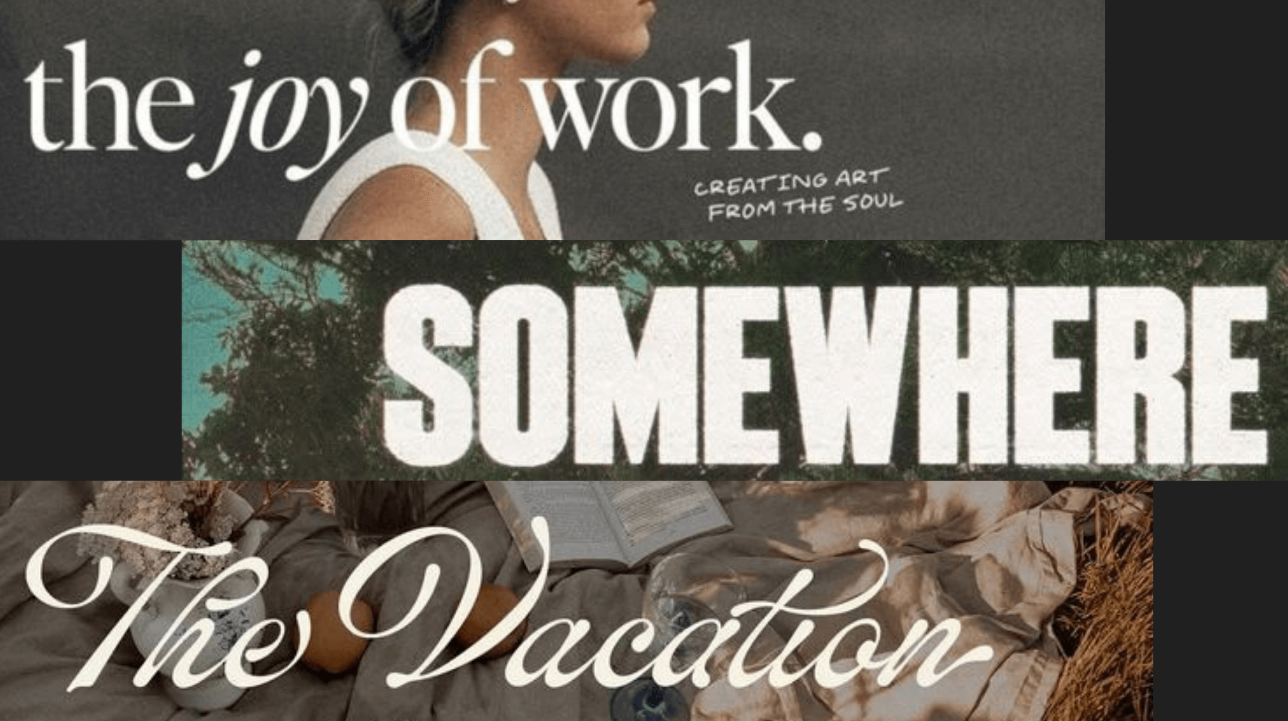 Three fonts, three vibes: why typography isn’t just decoration A collage of three different fonts layered over aesthetic images, showing contrasting typography styles: serif, bold condensed, and decorative script.