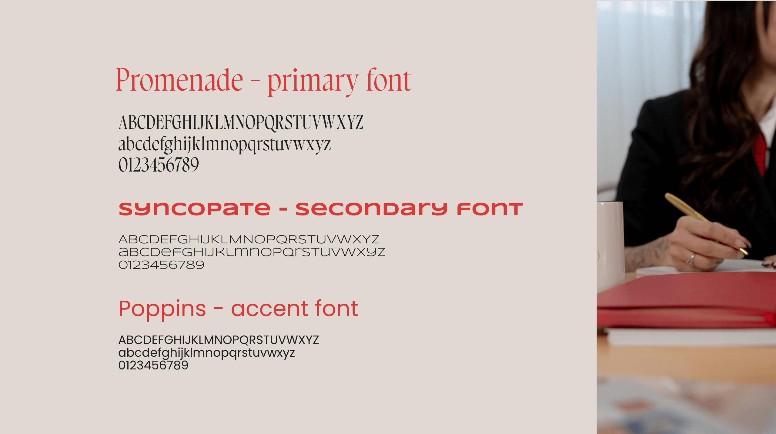 Promenade, Syncopate, and Poppins Font System Font system layout showing Promenade, Syncopate, and Poppins as primary, secondary, and accent fonts.