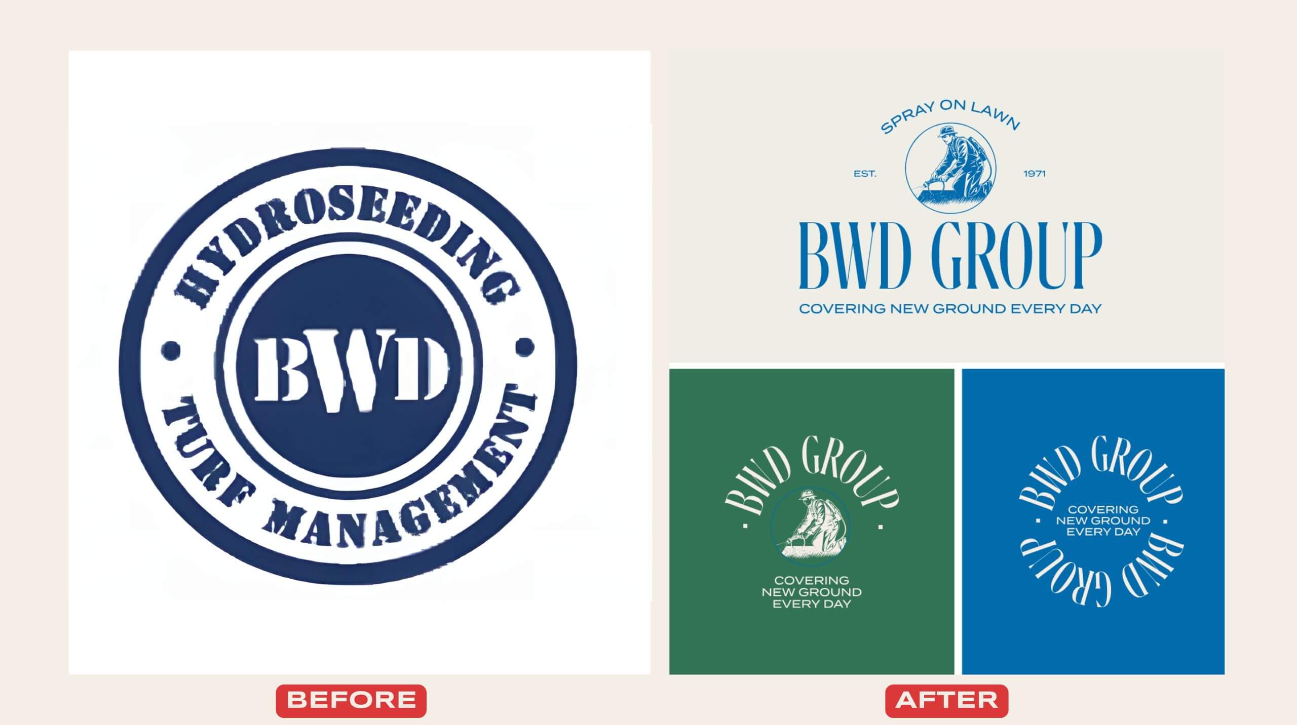 Before-and-after comparison of BWD Group’s brand identity redesign, showing the shift from a dated logo to a refreshed, strategic visual system by Fifth Studio.