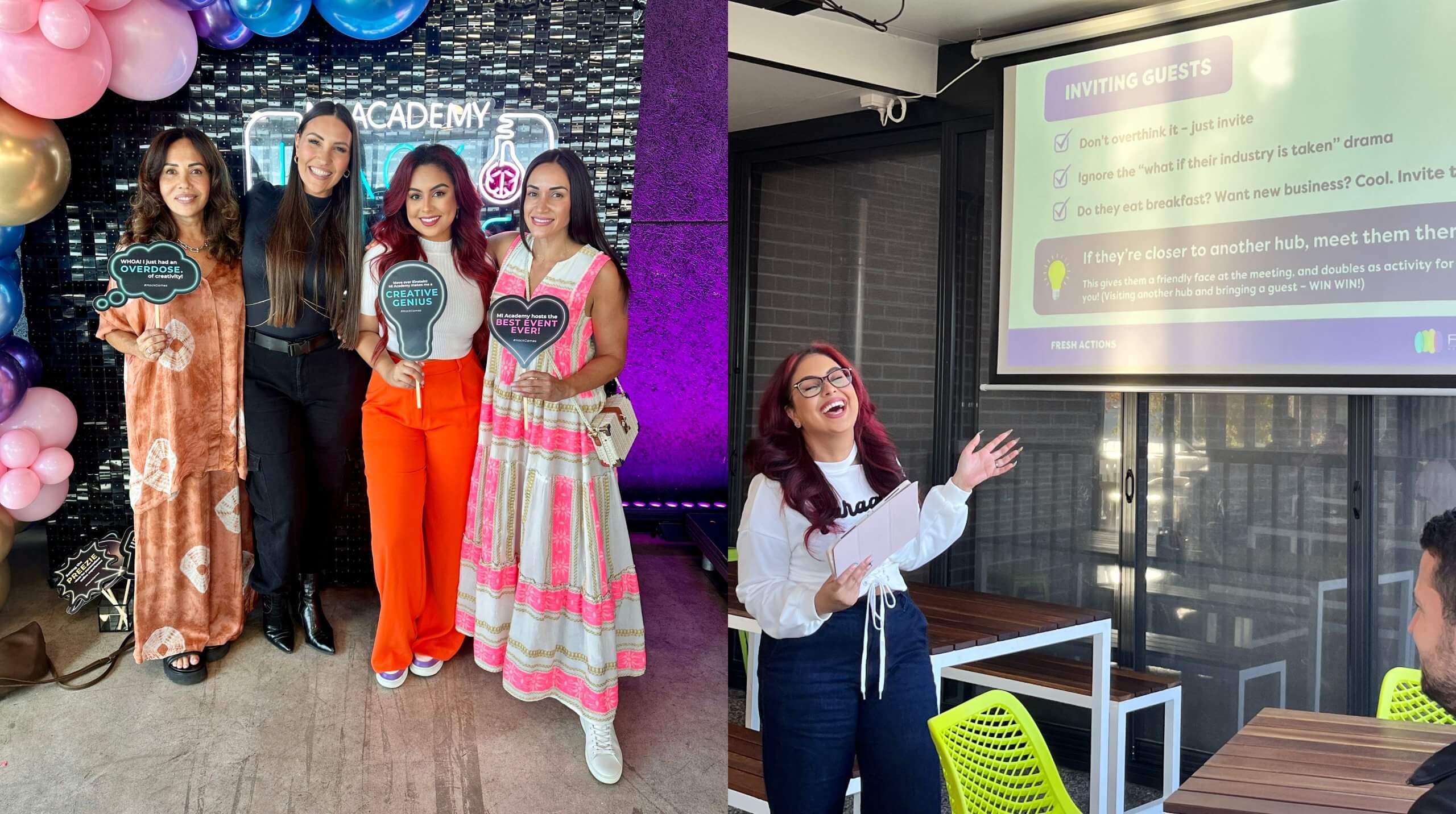 Nat from Fifth Studio with long-term client Healthguard at a Fresh Academy event, alongside a presentation at Fresh Networking – showcasing the power of relationships in building enduring client partnerships.