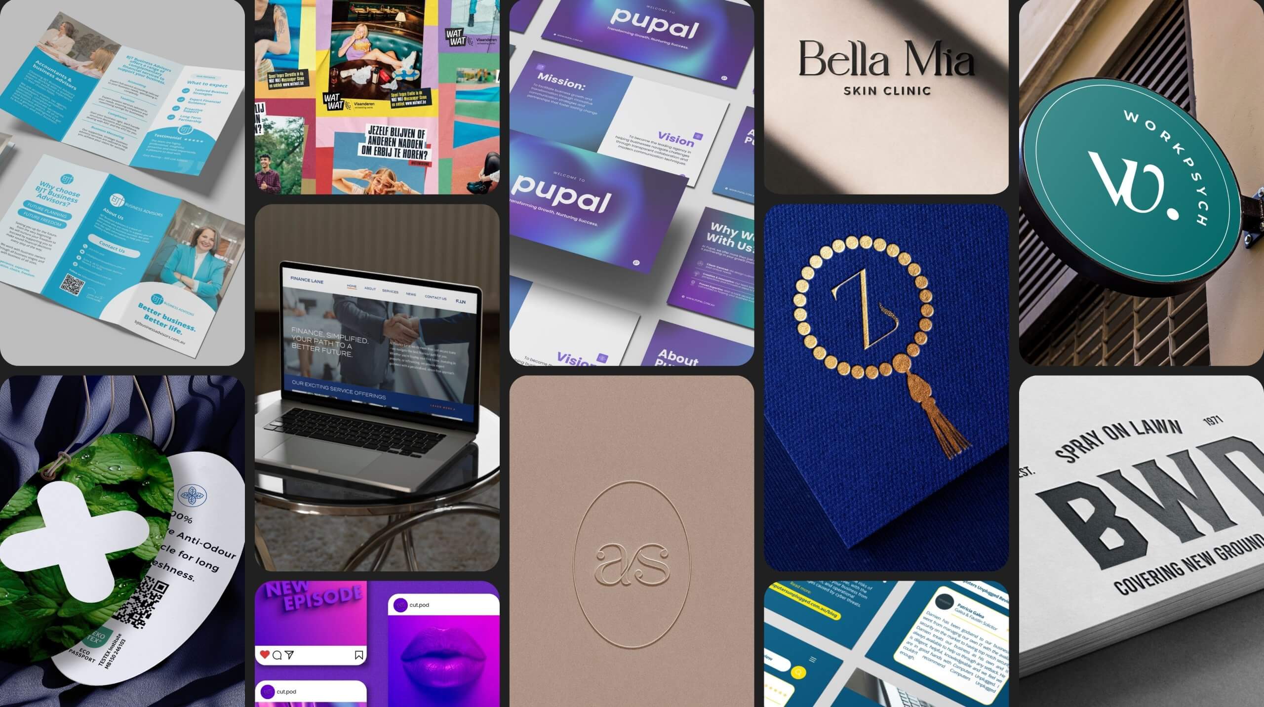 A curated collage of recent branding, packaging, and website design projects by Fifth Studio, showcasing work for service-based businesses across multiple industries.