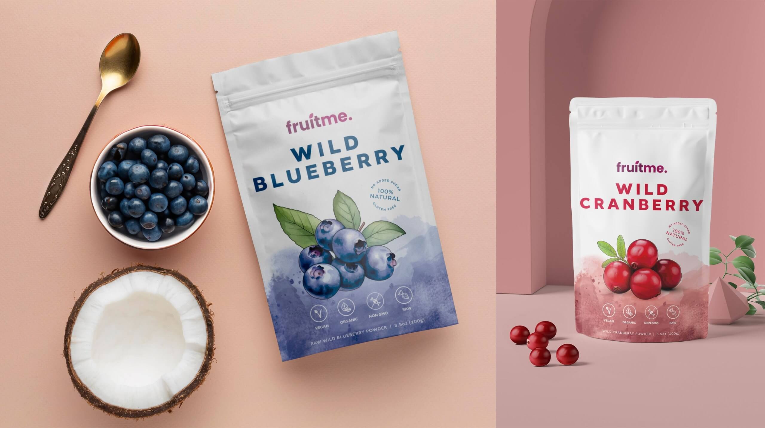 AI-assisted packaging mockup for FruitMe by Fifth Studio, combining Photoshop visuals and styled mockups to showcase wild blueberry and cranberry fruit powders.