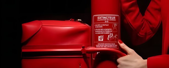 A bold red fire extinguisher and designer bag with a woman in red, symbolising creative pressure and clarity in branding for service-based businesses.