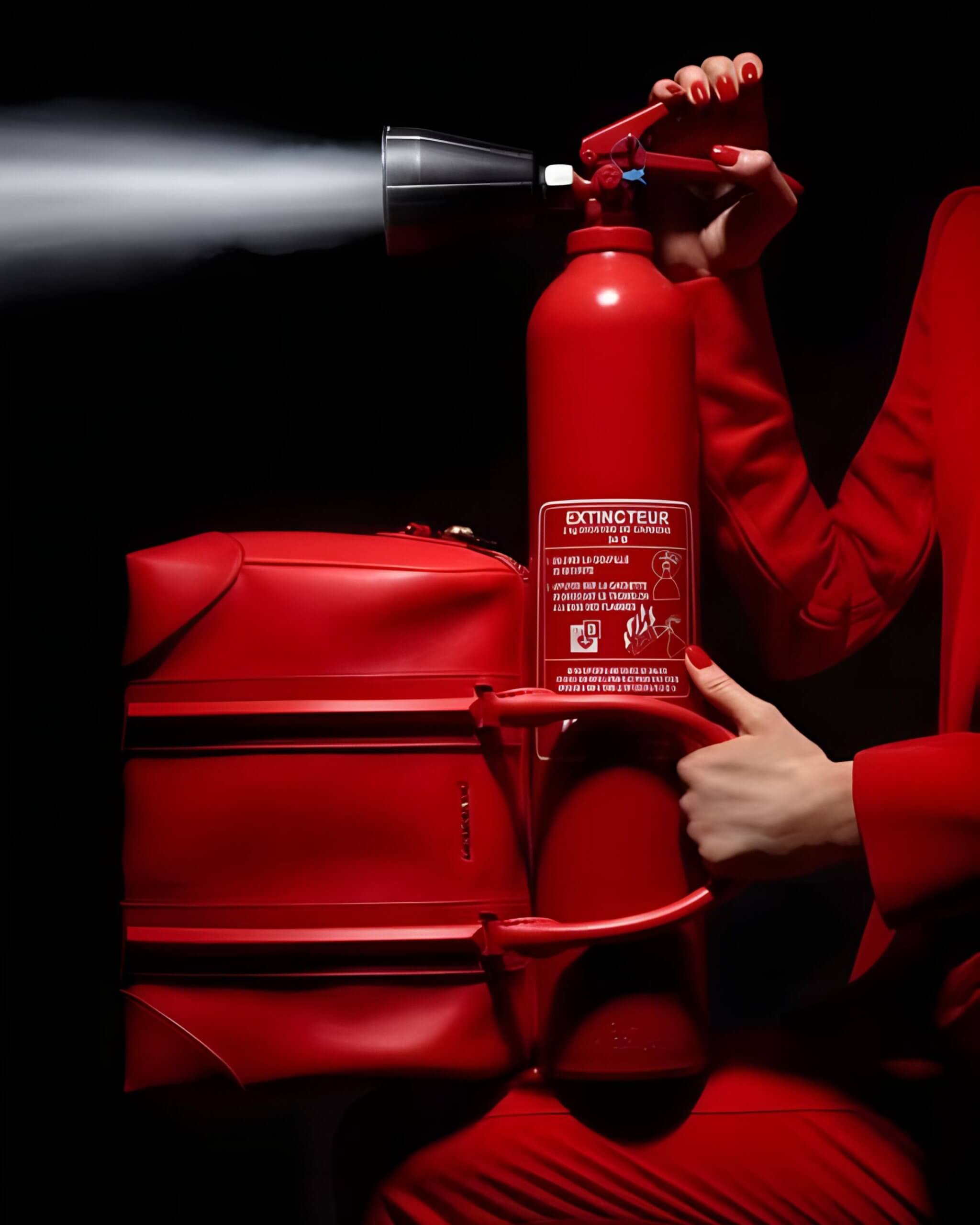 A bold red fire extinguisher and designer bag with a woman in red, symbolising creative pressure and clarity in branding for service-based businesses.