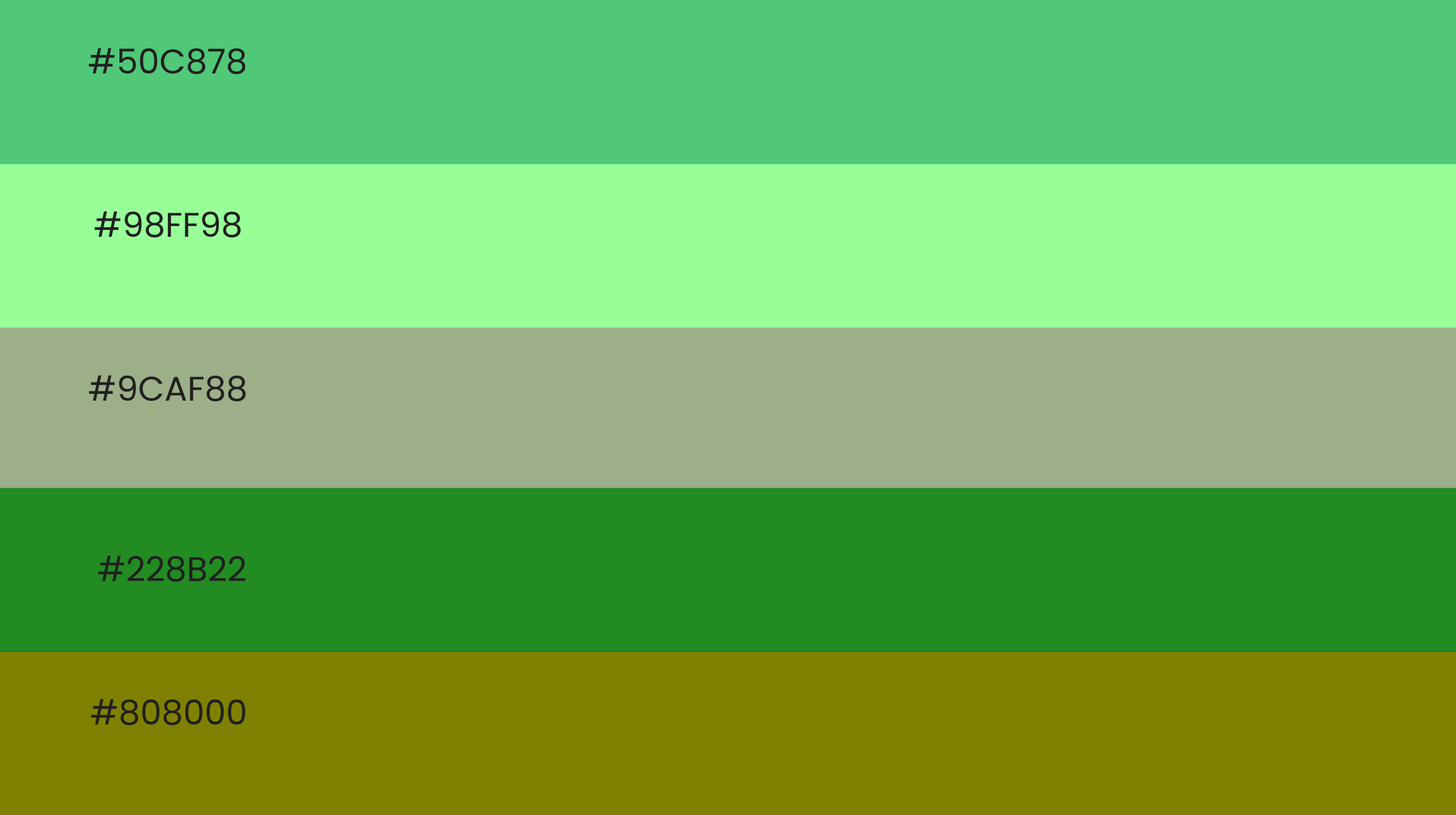 Digital palette showing six shades of green with hex codes.