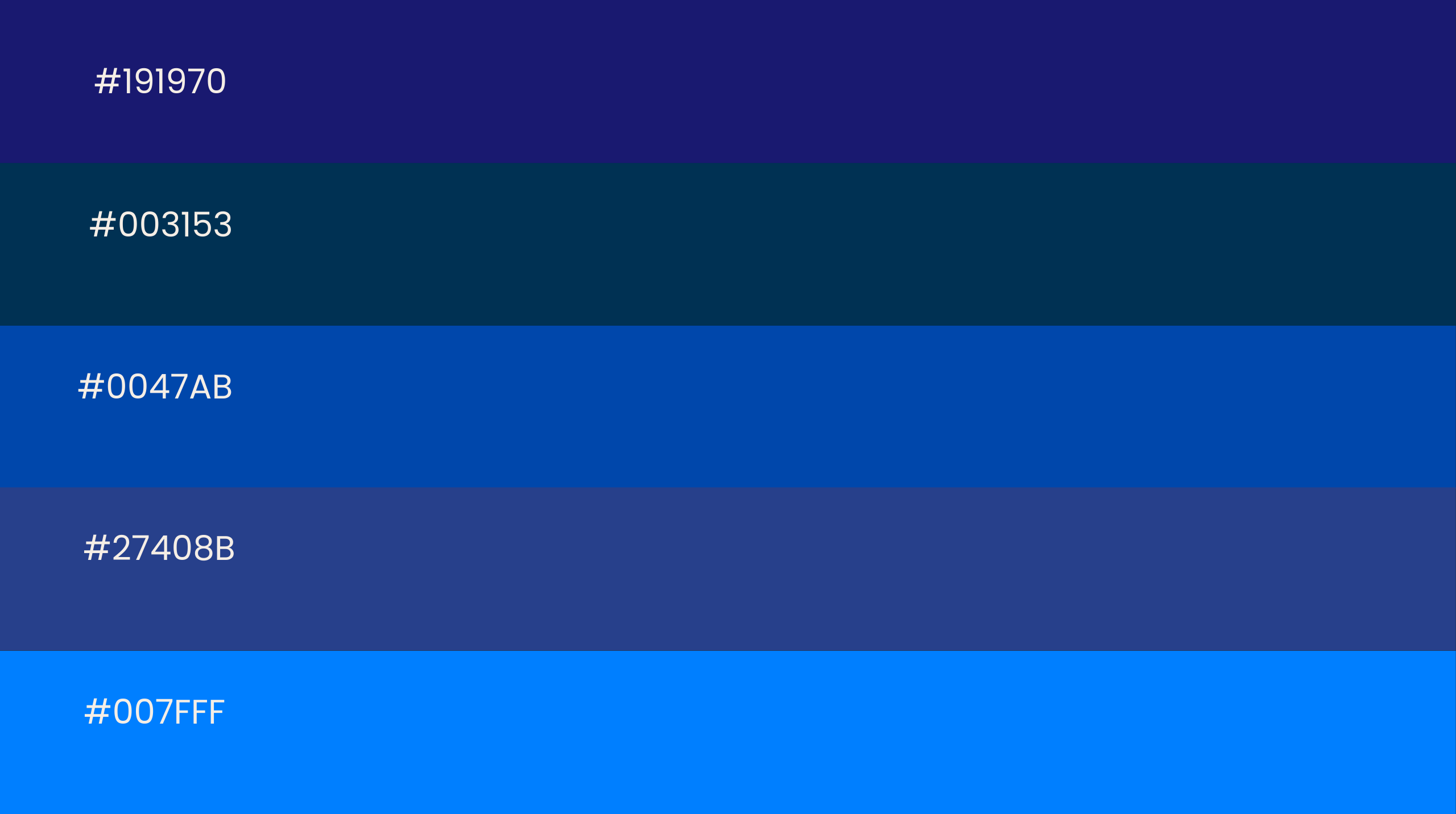 Gradient palette of blue shades with hex codes from dark to light