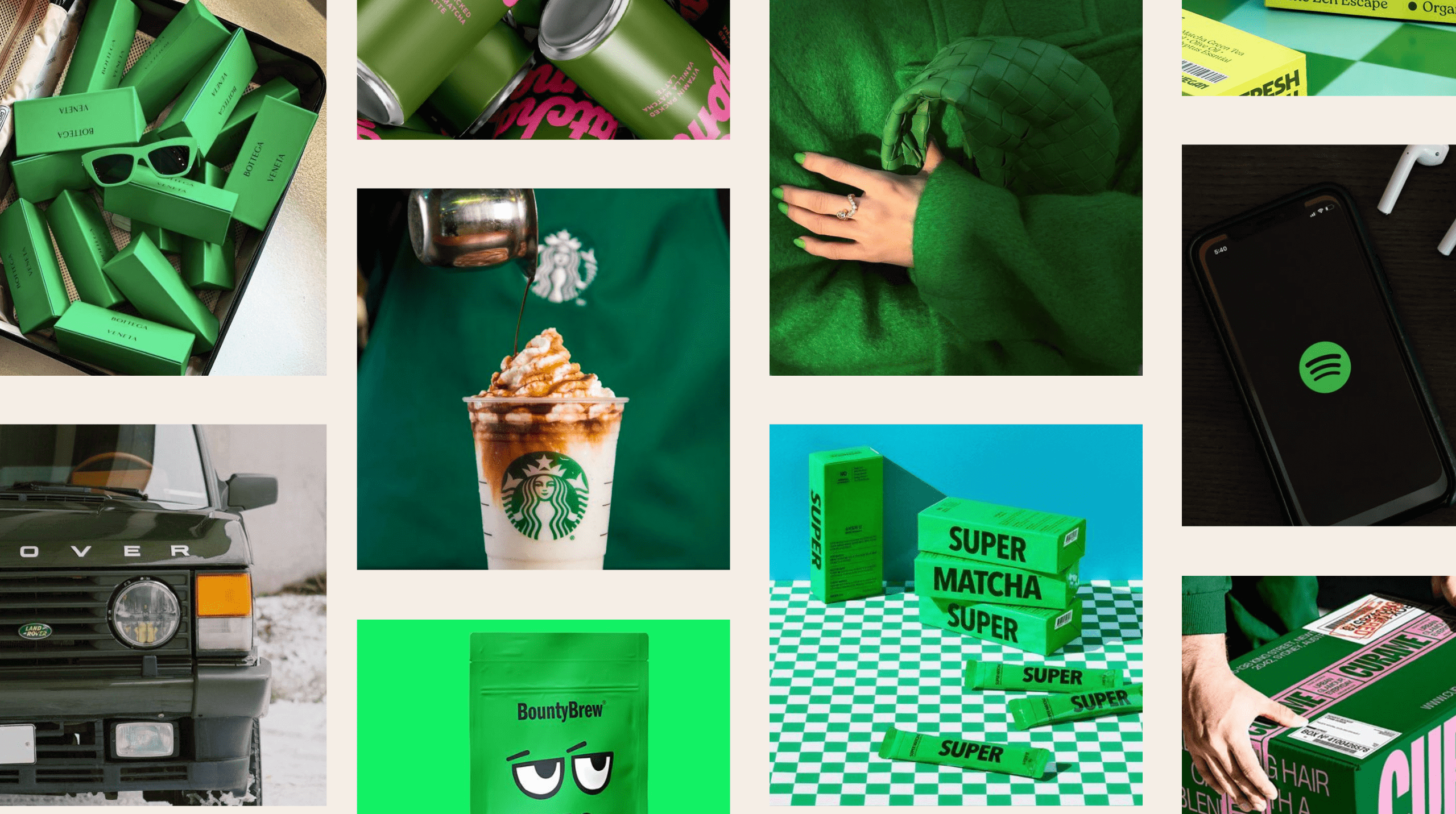 Collage of branding elements from Bottega Veneta Starbucks Spotify and other brands using green.