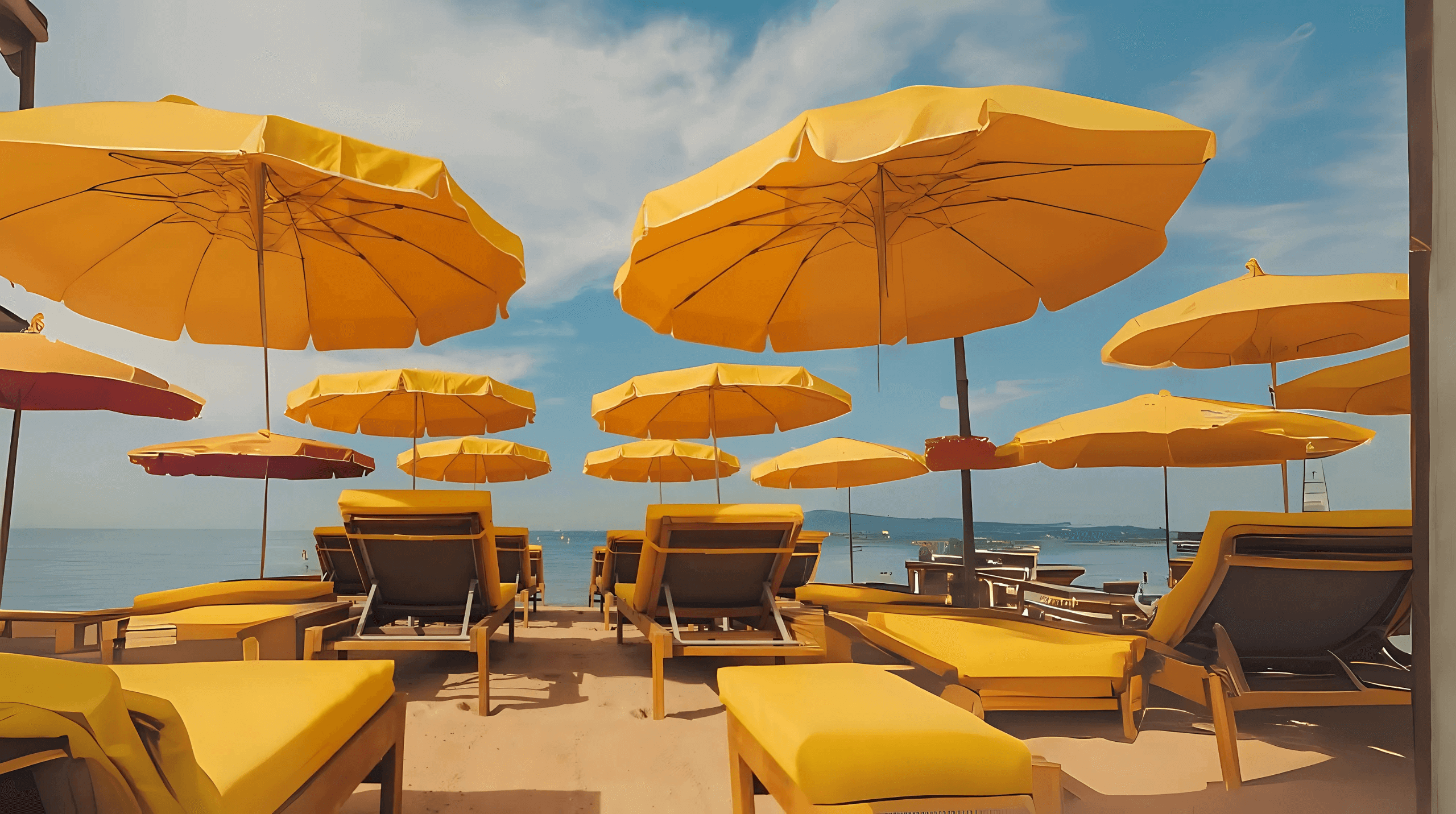 Bright yellow umbrellas and sun loungers on a beach under a blue sky.
