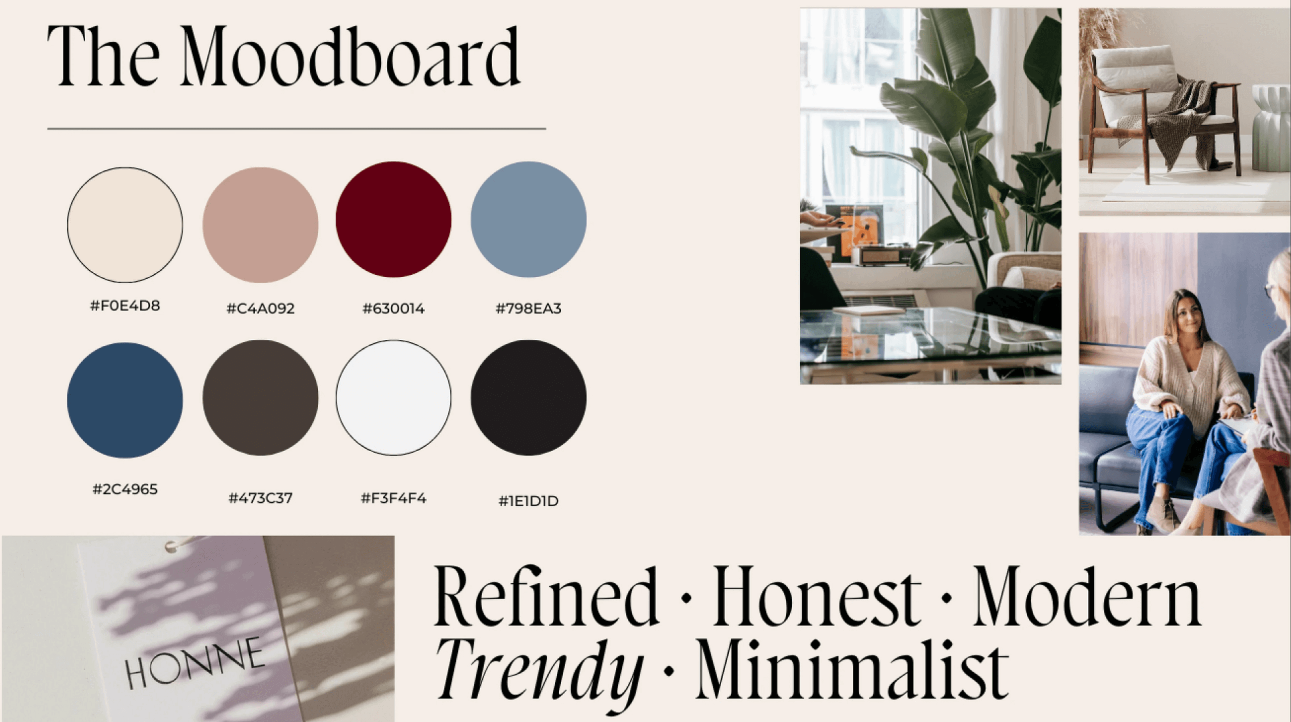 Moodboard with neutral and bold colours, modern interiors, and brand keywords refined, honest, modern, trendy, minimalist