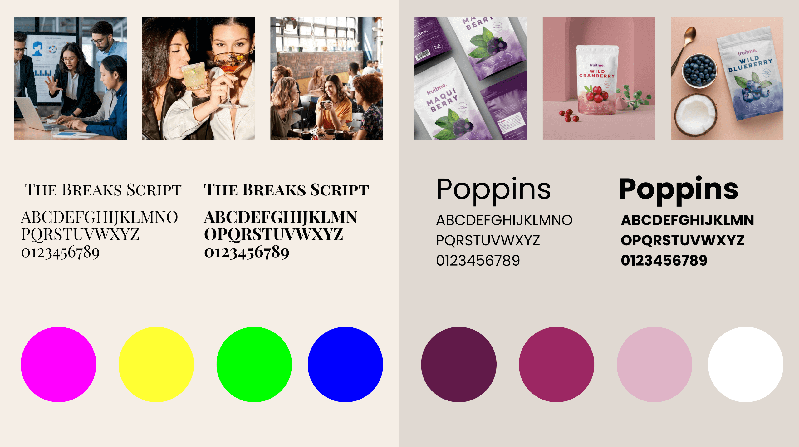 Comparison of mismatched neon fonts and colours versus cohesive branding with clean typography and palettes