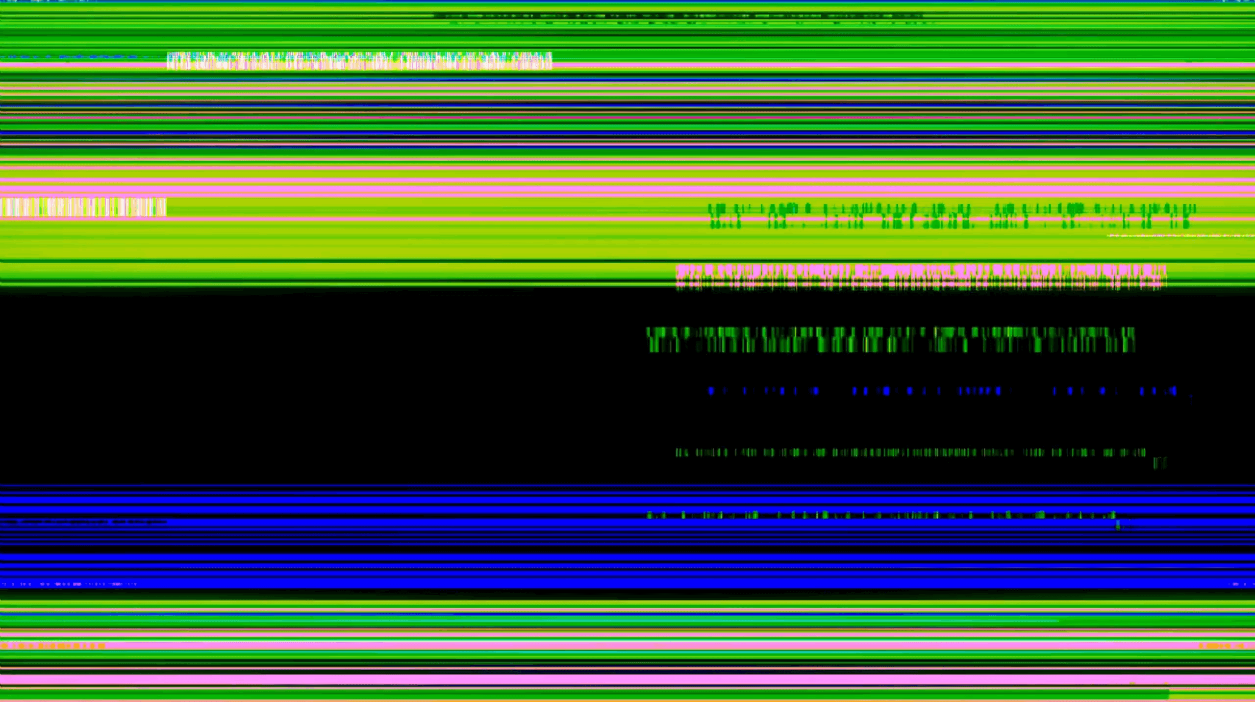 Glitched website screen showing distorted green, blue, and pink horizontal lines with unreadable text.