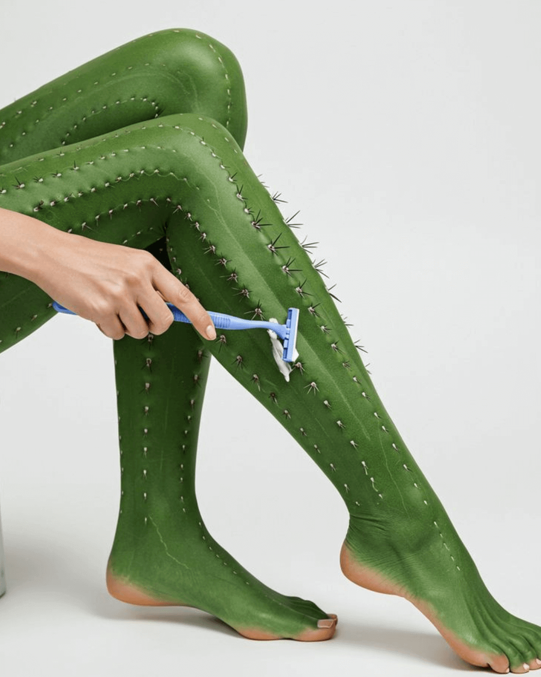 Bold and edgy green creativity Creative concept of legs styled like a cactus being shaved with a razor.