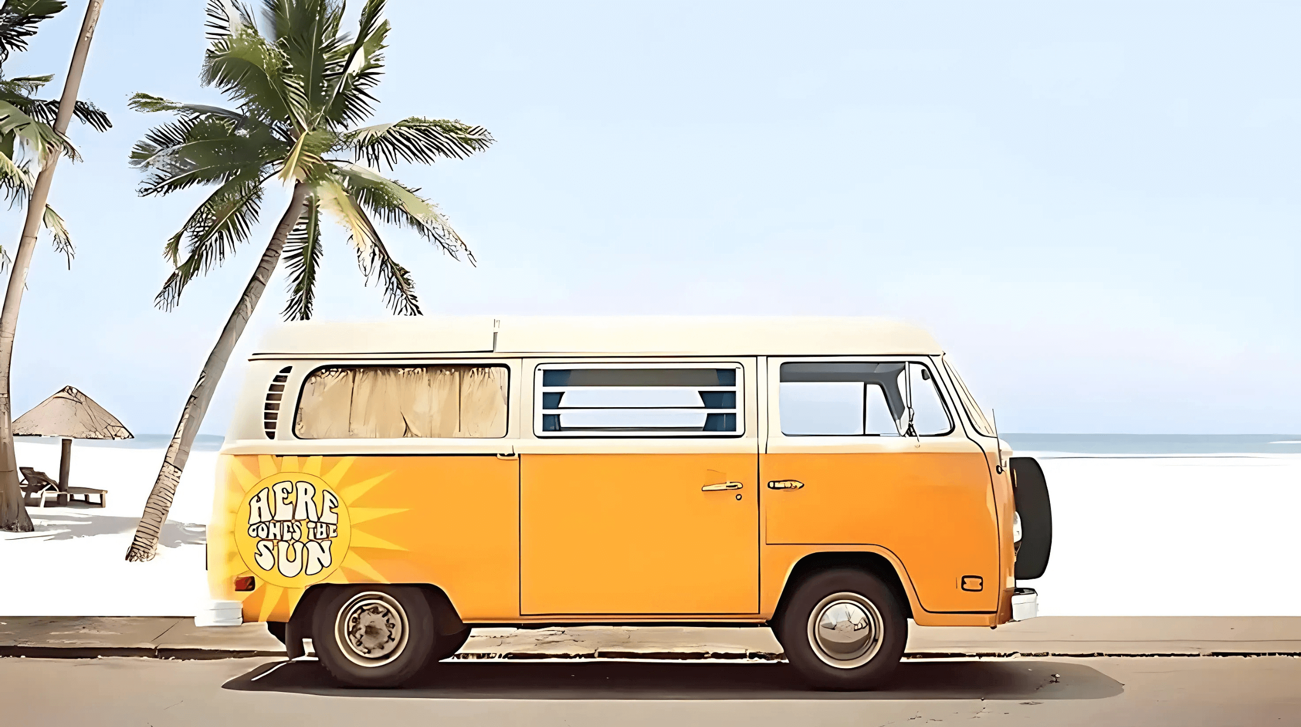 Retro yellow van parked by palm trees on a sunny beach.