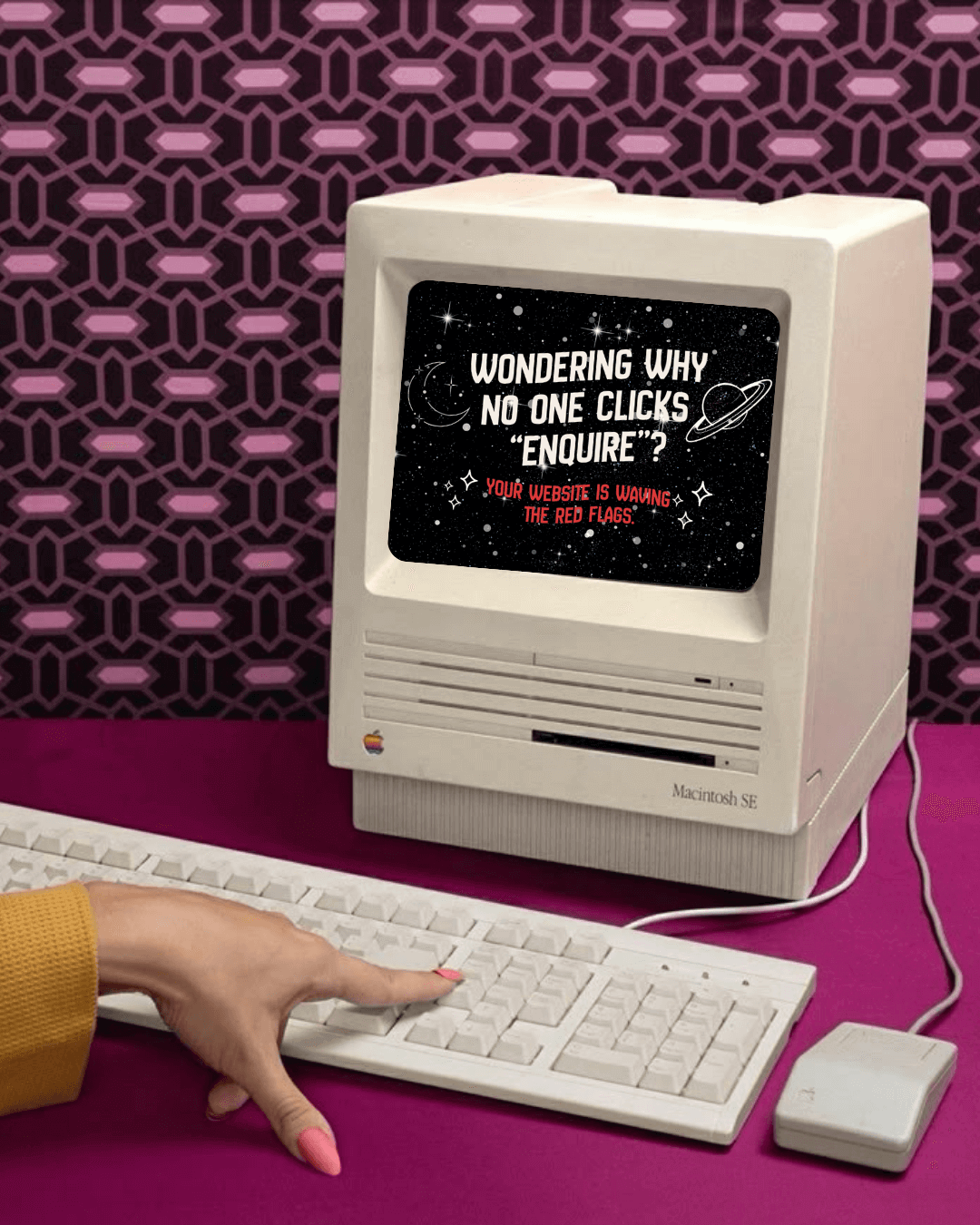Vintage Macintosh computer with text on screen: “5 signs you need to update your website.”