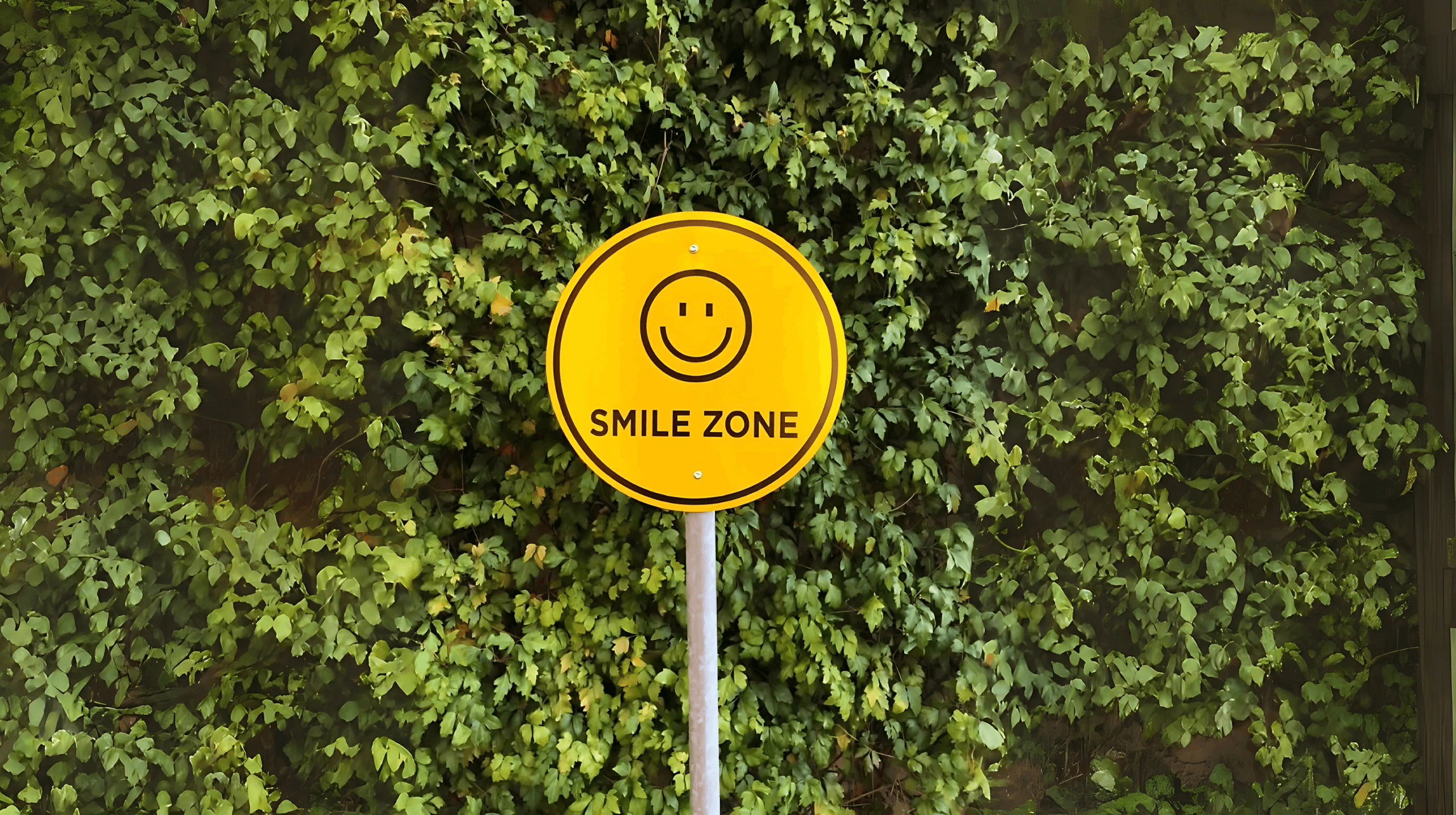 Yellow circular sign with a smiley face and the words “Smile Zone” against green leaves.