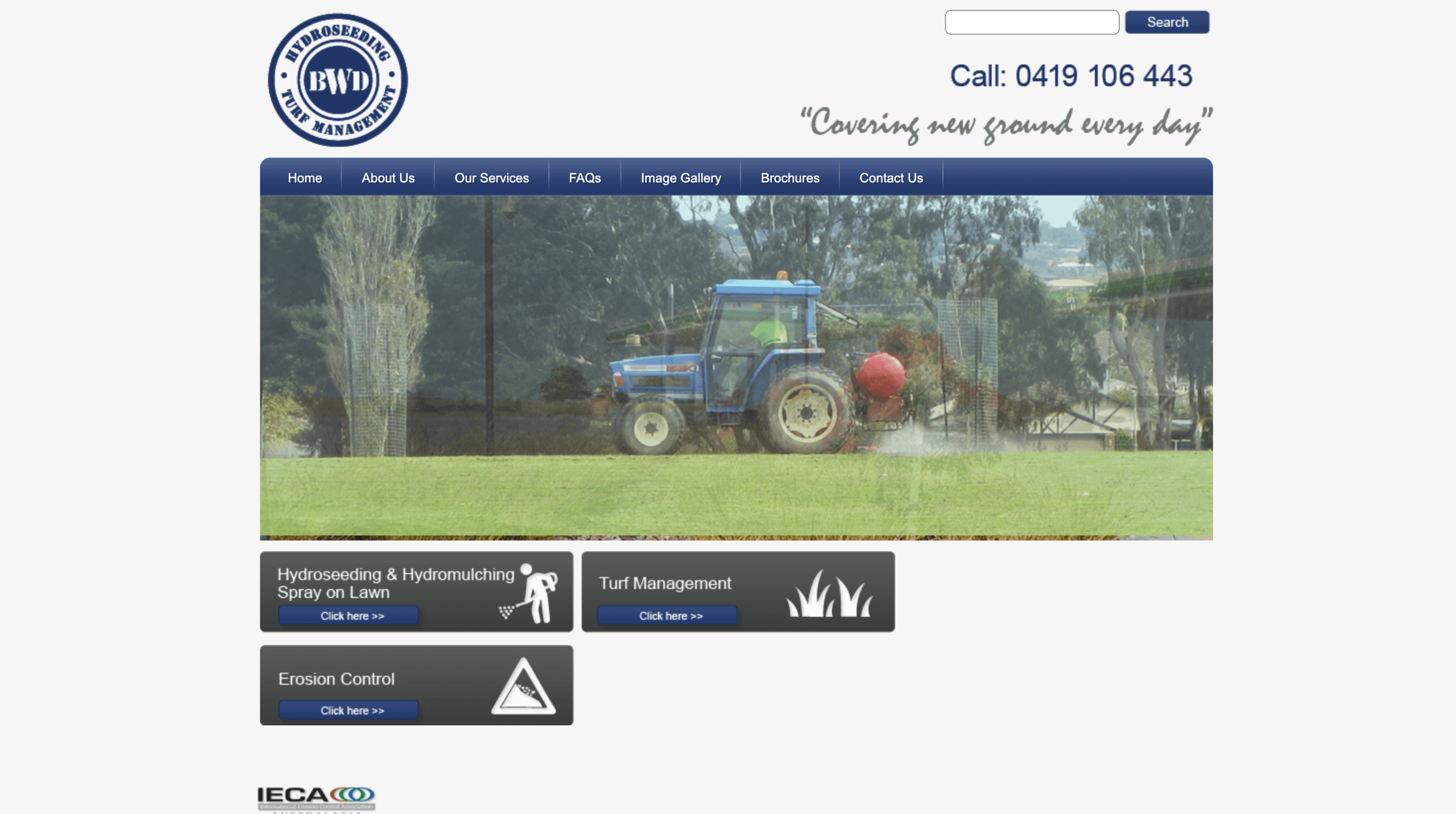 Old website homepage of BWD Group featuring a blue tractor on a lawn with navigation menu and outdated design elements.