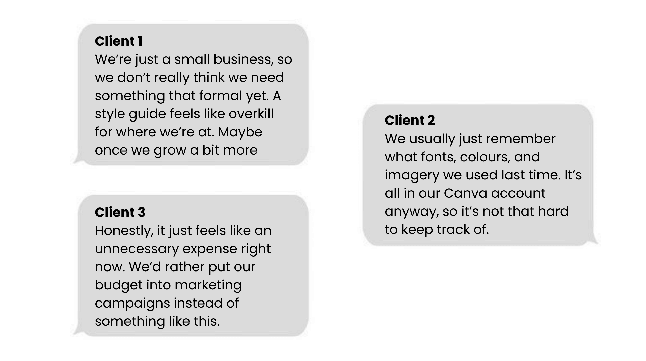 Chat bubbles showing client excuses for avoiding a style guide such as being too small or too expensive