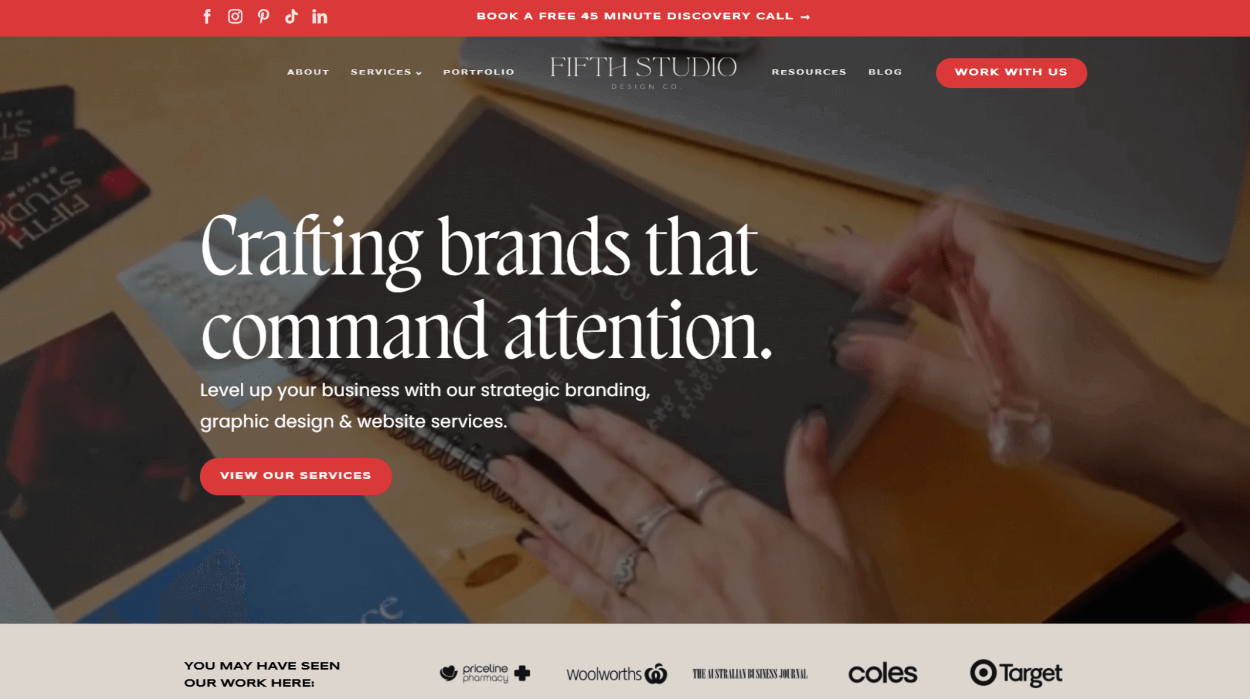 Fifth Studio Design Co. website homepage with headline “Crafting brands that command attention” and a call-to-action button.