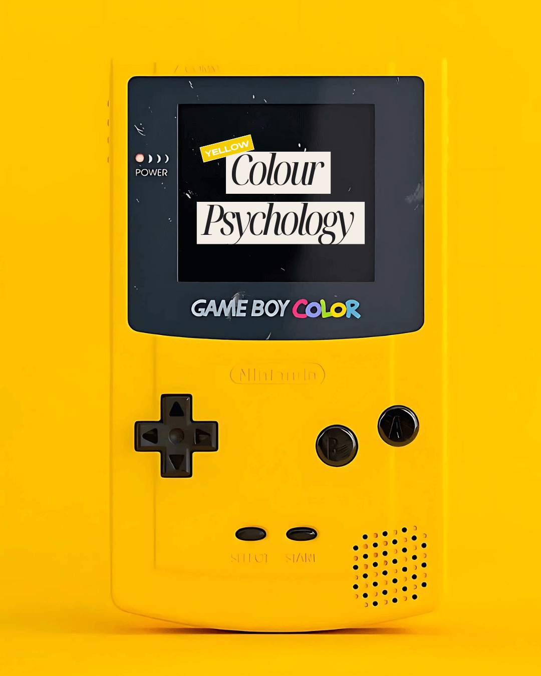 Bright yellow Game Boy with the words “Colour Psychology” displayed on its screen.