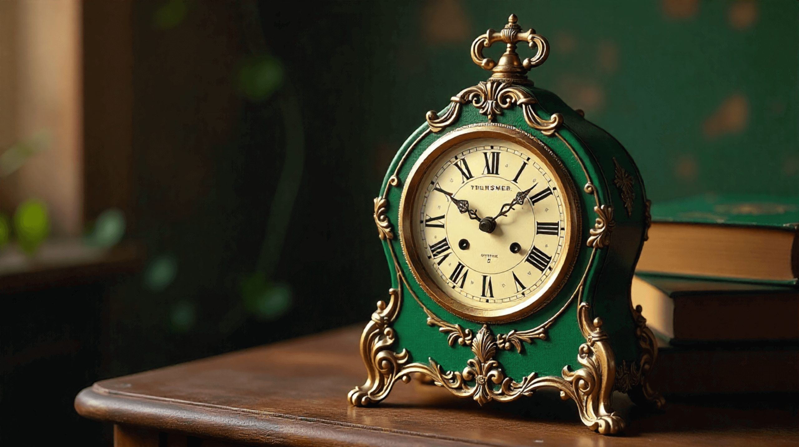 Vintage green clock with gold accents on a wooden table.