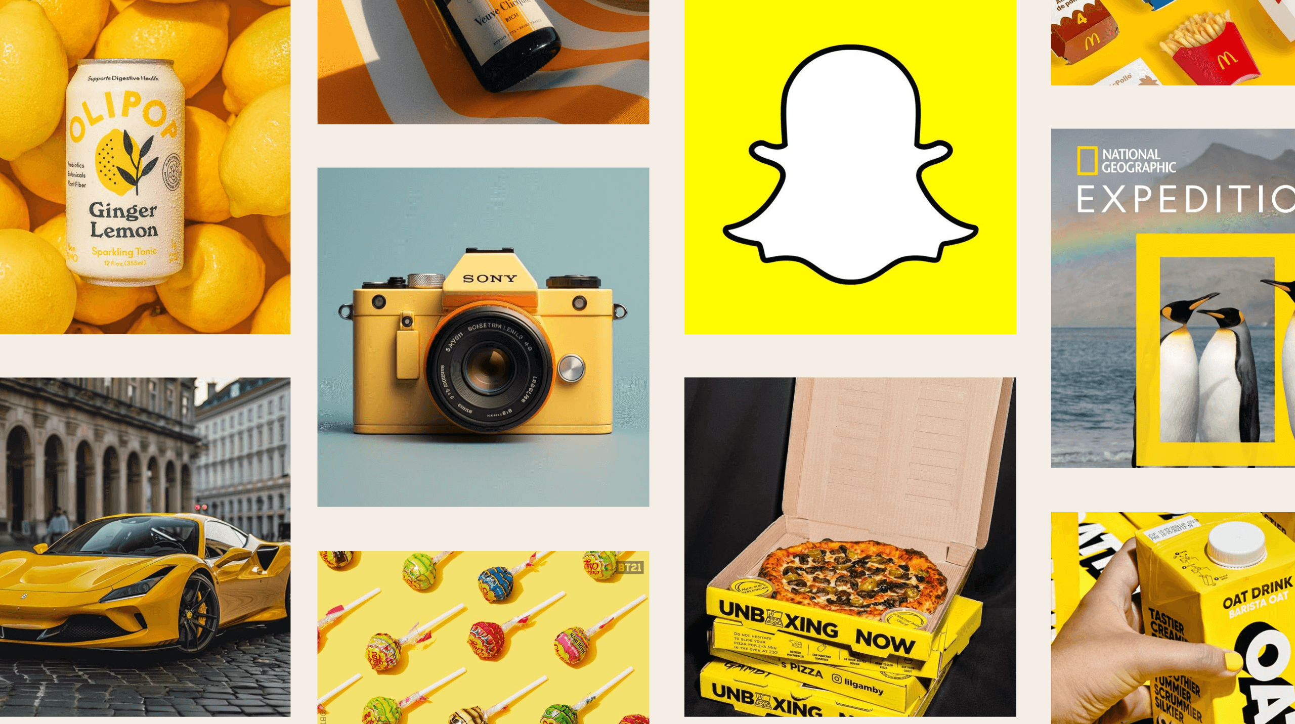 Collage featuring yellow branding from Sony, Snapchat, McDonald’s, and Veuve Clicquot.