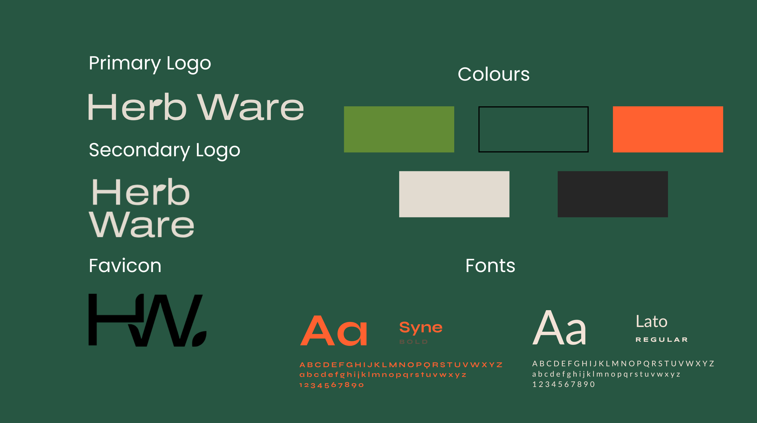 Brand style guide for Herb Ware showing logos, favicon, colour palette with green, orange, cream, black and fonts Syne Bold and Lato Regular