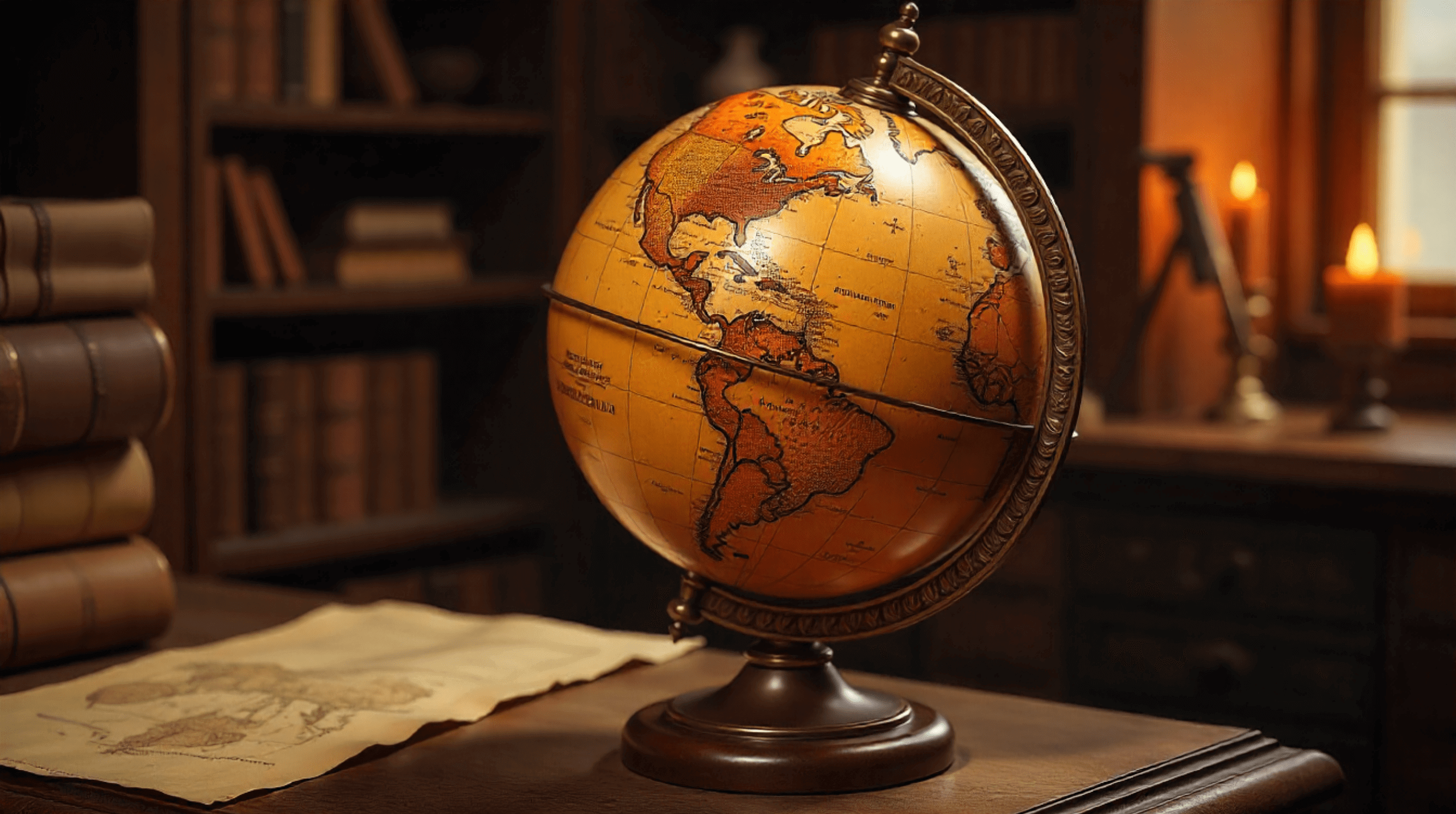 Vintage globe with warm orange tones on a wooden desk in a study room