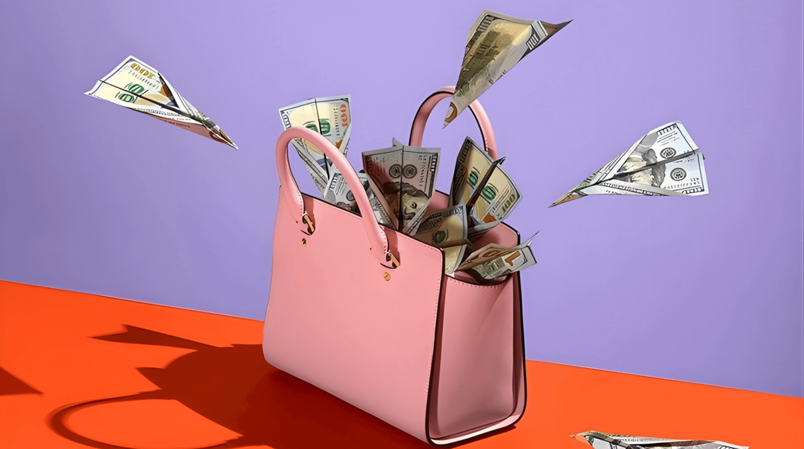 A pink handbag overflowing with money folded into paper planes against a purple and red background.