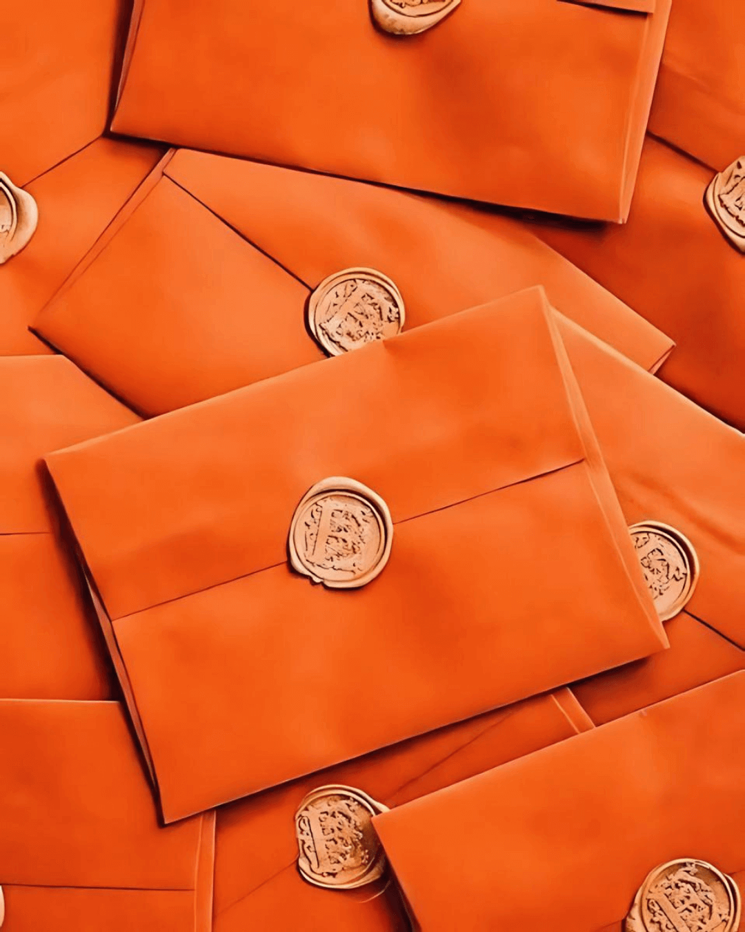 The heritage of orange Stack of sealed envelopes in rich orange with classic wax stamps