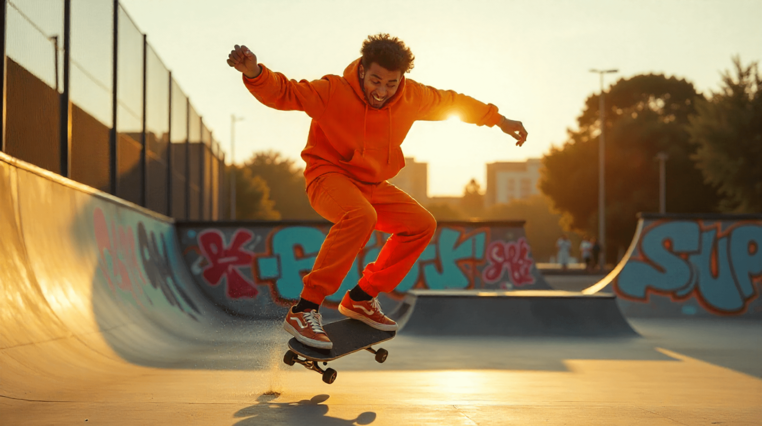 Man skateboarding in bright orange outfit at a skate park during sunset