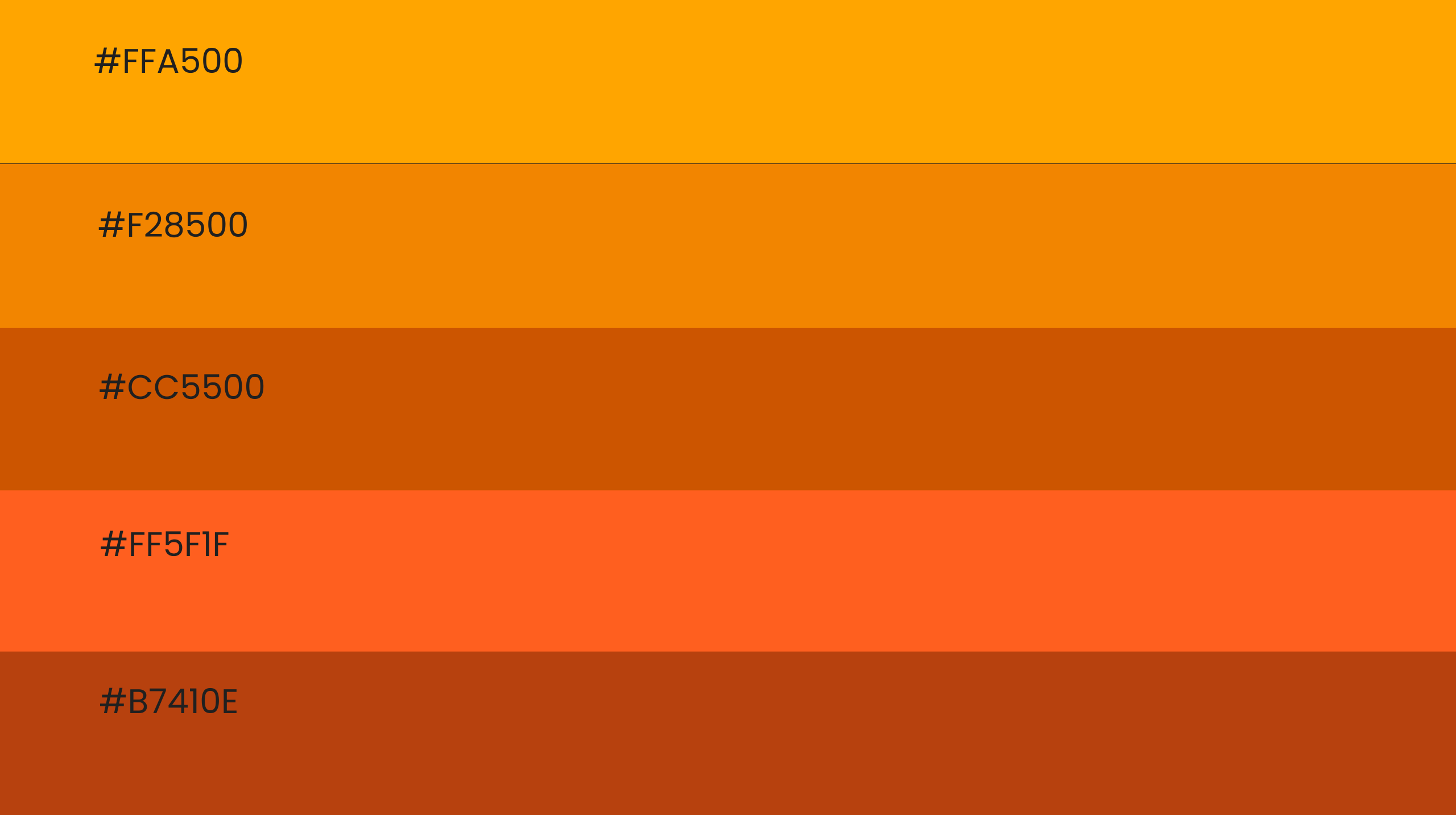 Graphic palette of five orange shades with hex codes displayed