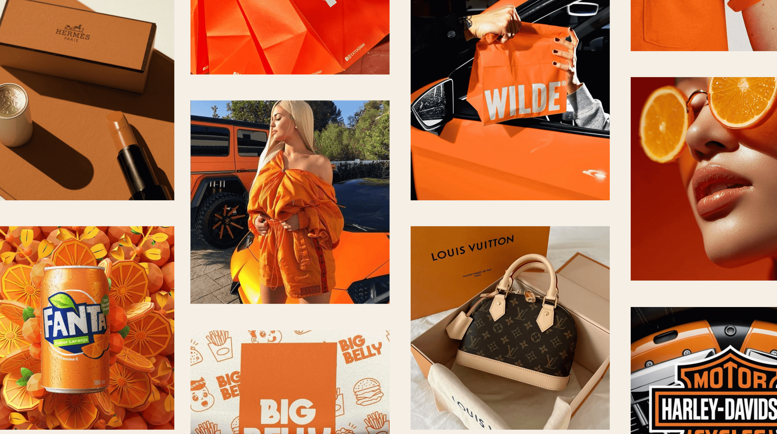 Collage of luxury and lifestyle brands using orange including Hermès Fanta and Louis Vuitton