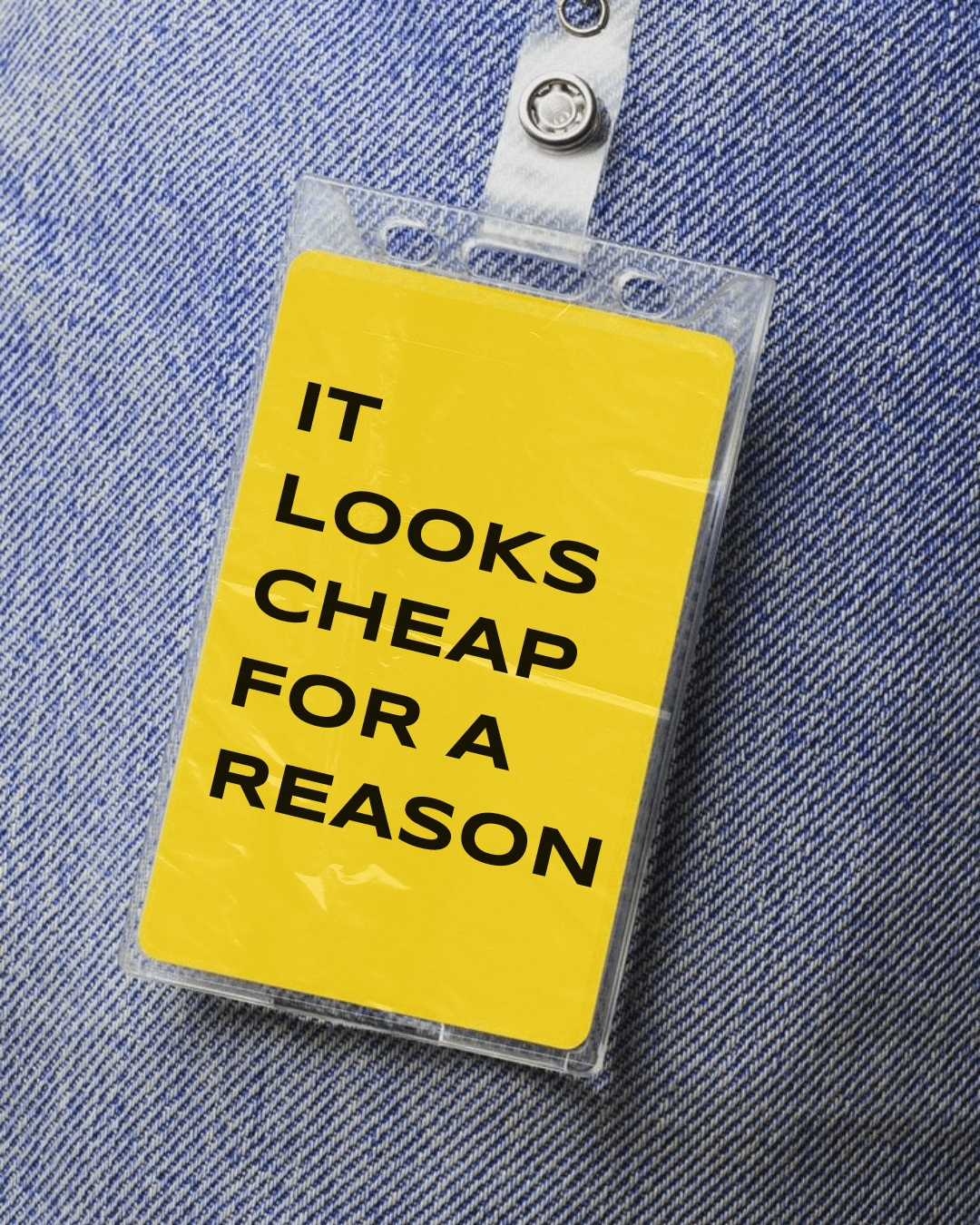 It looks cheap for a reason Yellow ID badge on denim background with the text “It looks cheap for a reason” — a Fifth Studio graphic highlighting the importance of quality design.
